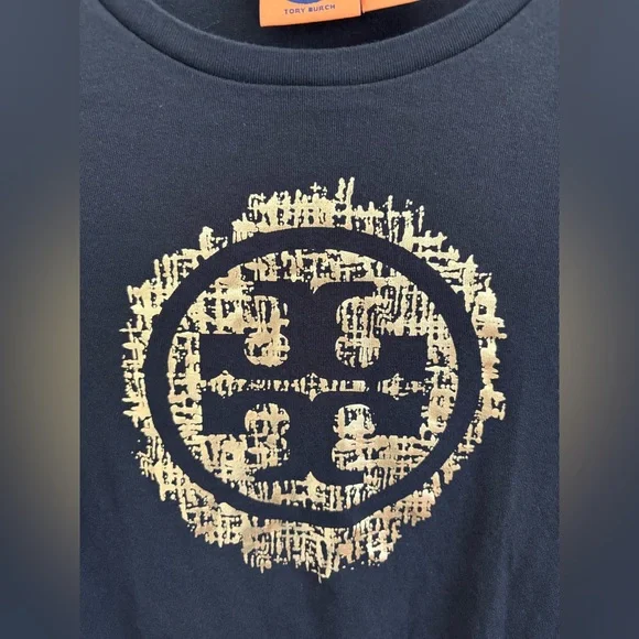 Tory Burch Black Long Sleeve Top Gold Metallic Logo 100% Cotton Small - Picture 3 of 9